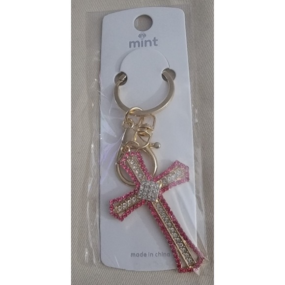 Mint Accessories - Mint Pink Rhinestone Cross Keychain Gold Tone Crystal Religious Bag Charm NWT
